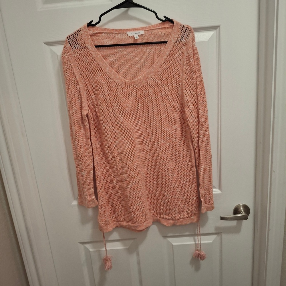 Talbots Womens L V-Neck Knit‎ Tunic Layering Sweater Peach Pima Cotton Tassels